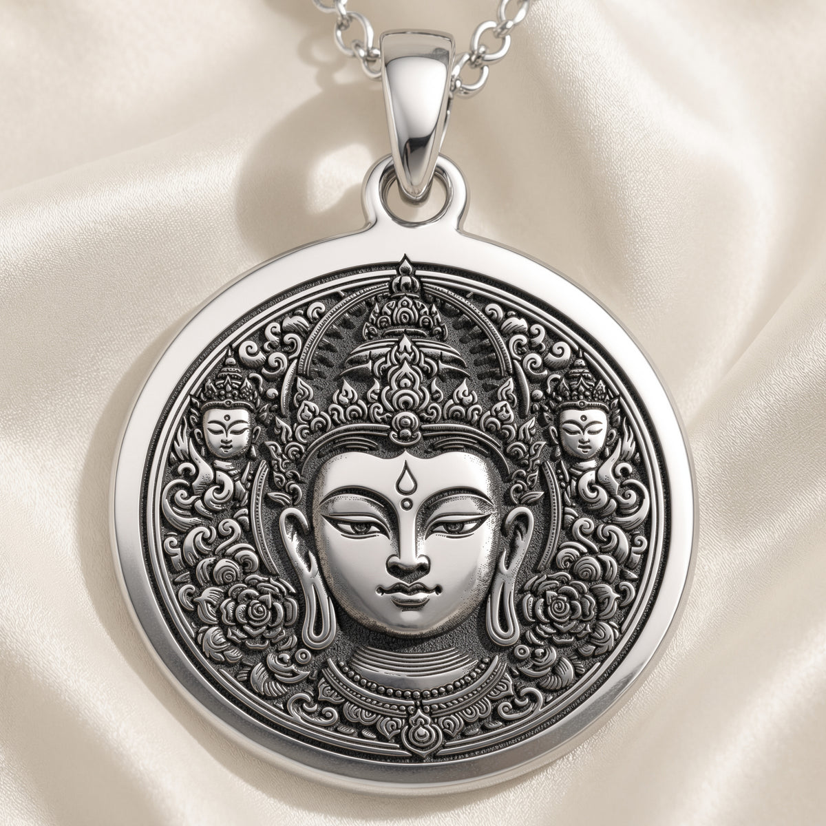 Green Tara Compassion Amulet Necklace Necklaces 925 925 Sterling Silver round pendant featuring an ornate Buddha face design with intricate detailing.