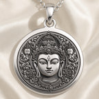 Green Tara Compassion Amulet Necklace Necklaces 925 925 Sterling Silver round pendant featuring an ornate Buddha face design with intricate detailing.