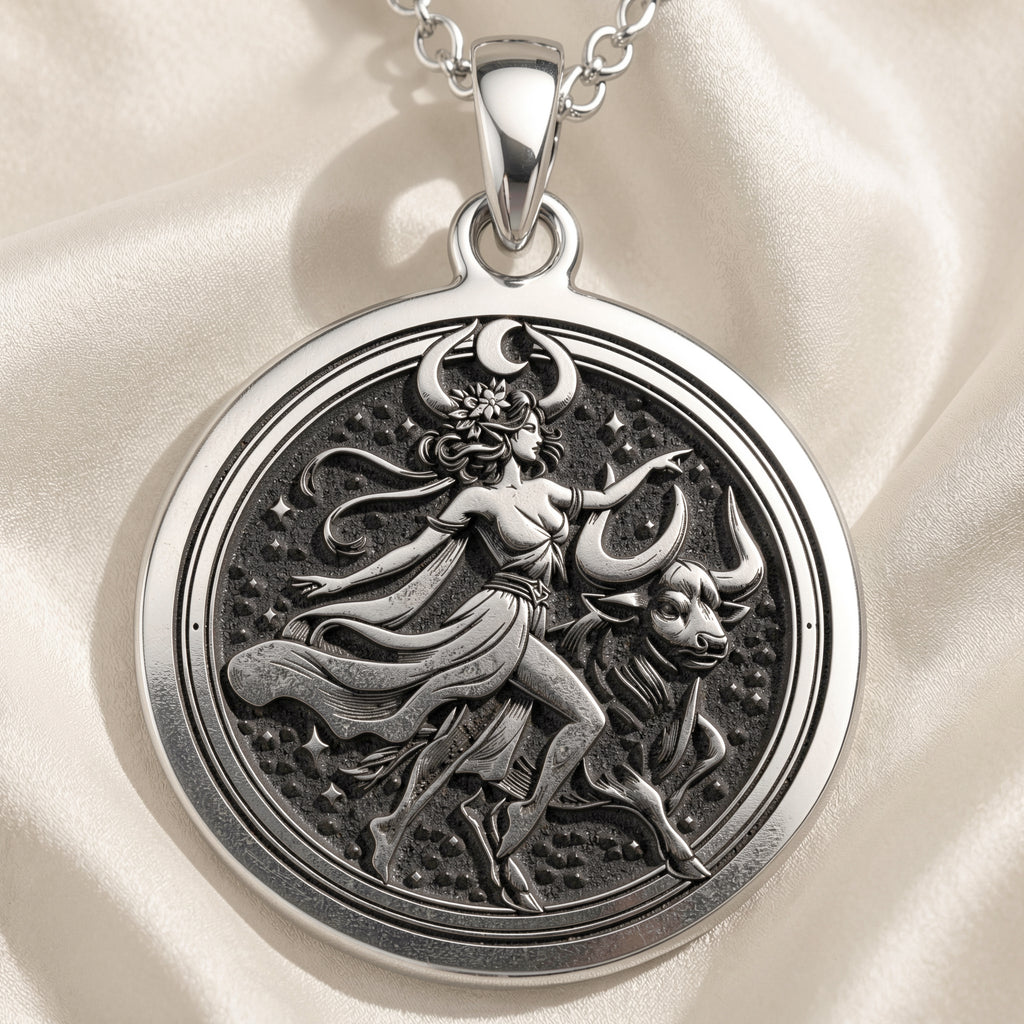 Taurus Pendant Necklace - Zodiac Goddess & Bull Medallion - 925 Sterling Silver