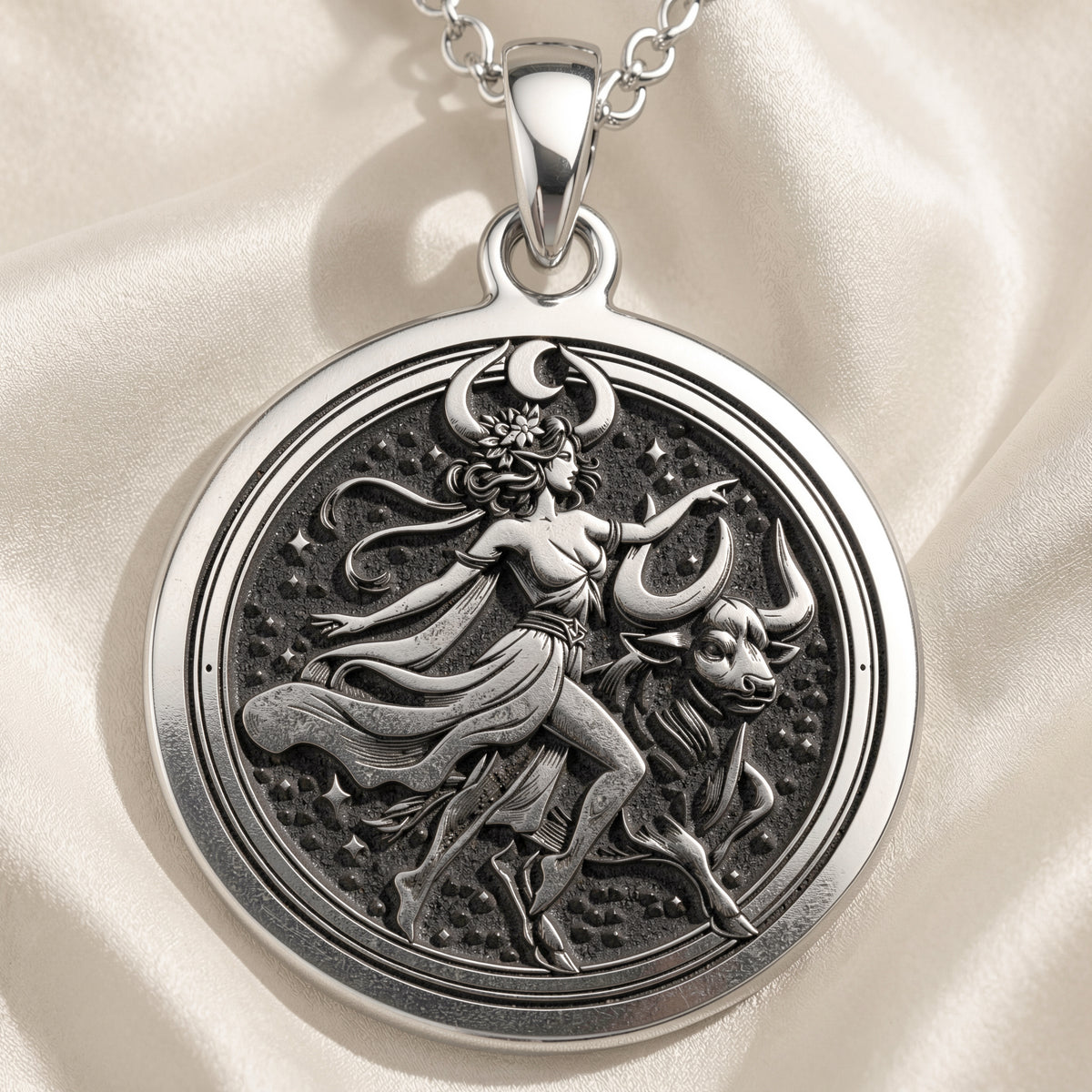 Taurus Pendant Necklace - Zodiac Goddess & Bull Medallion - 925 Sterling Silver