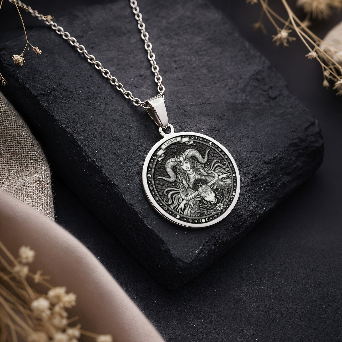 Sterling silver Taurus Zodiac Horoscope Necklace: round  Taurus zodiac sign with engrav...