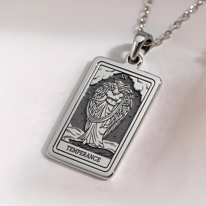 Temperance Tarot pendant necklace in silver or gold plated. Spiritual alchemy balance jewelry for protection.