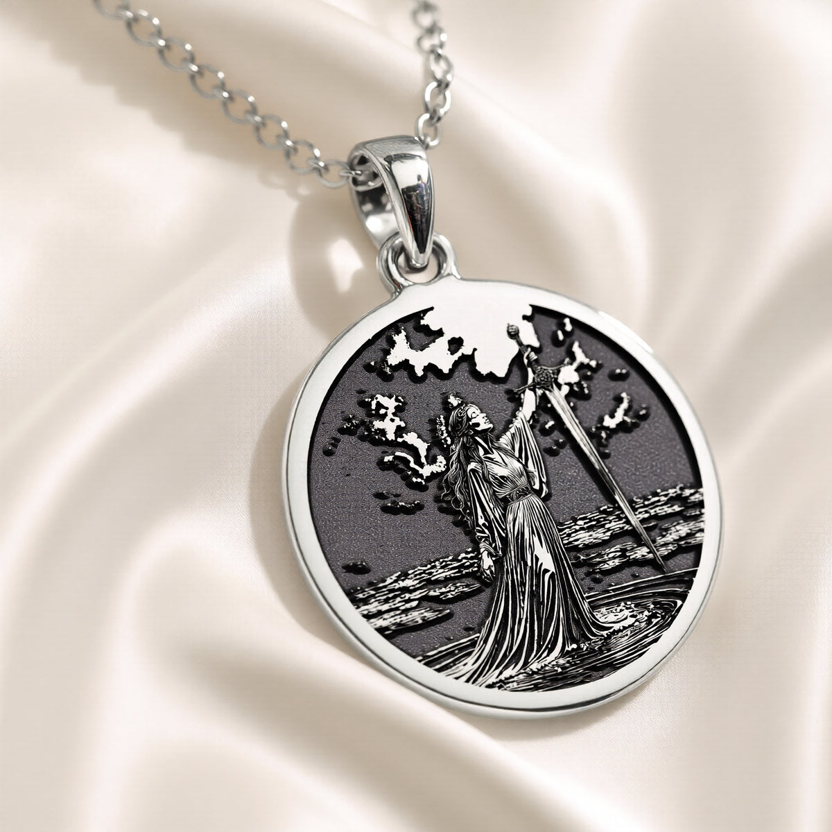 925 925 Sterling Silver Lady of the Lake Excalibur Charm Necklace Necklaces Silver-toned pendant necklace featuring a detailed figure in a landscape design.