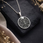 925 925 Sterling Silver Lady of the Lake Excalibur Charm Necklace Necklaces Oxidized silver pendant necklace featuring an engraved nature scene on a round disc.