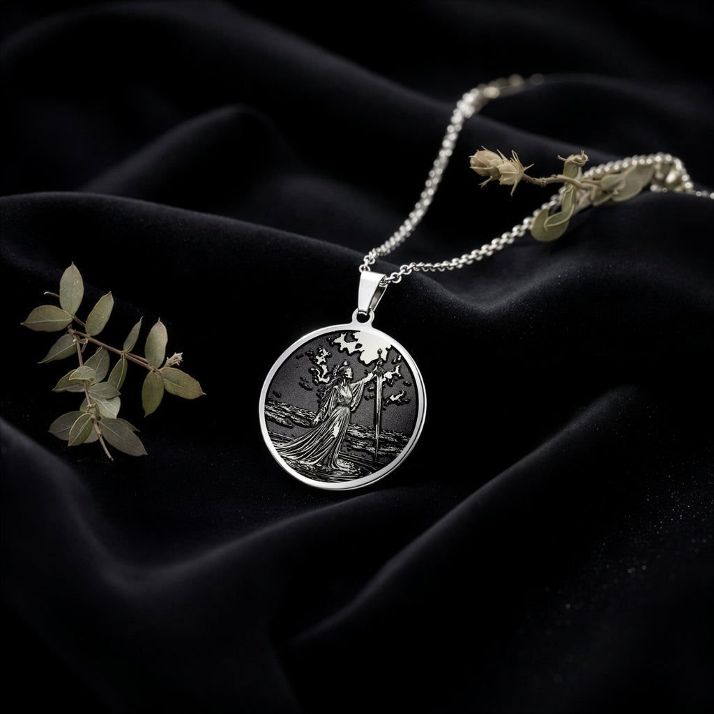 Lady of the Lake Excalibur Charm Necklace Necklaces 925 925 Sterling Silver round pendant featuring a silhouette of a figure among trees on a dark background.