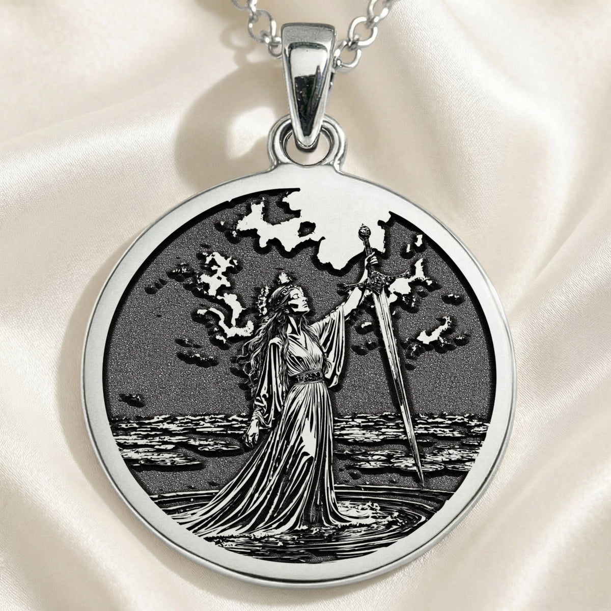 Lady of the Lake Excalibur Charm Necklace Necklaces 925 925 Sterling Silver pendant featuring a mythological figure with wings and a sword design.