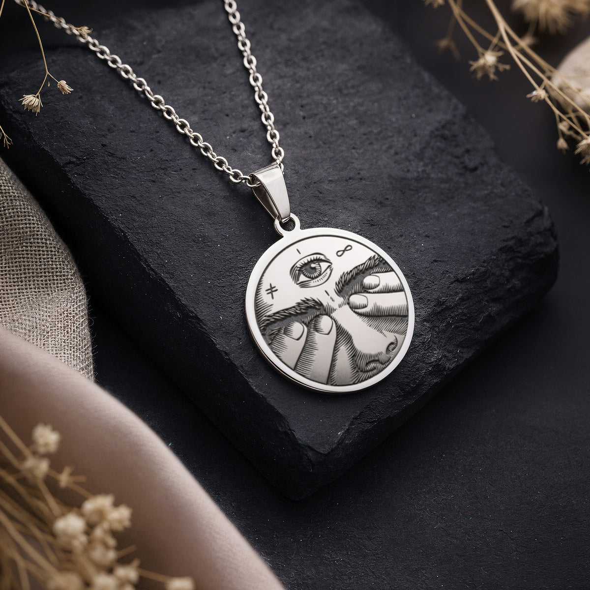 Sterling silver Third Eye Pendant Necklace: round  of third eye symbol with engraved al...