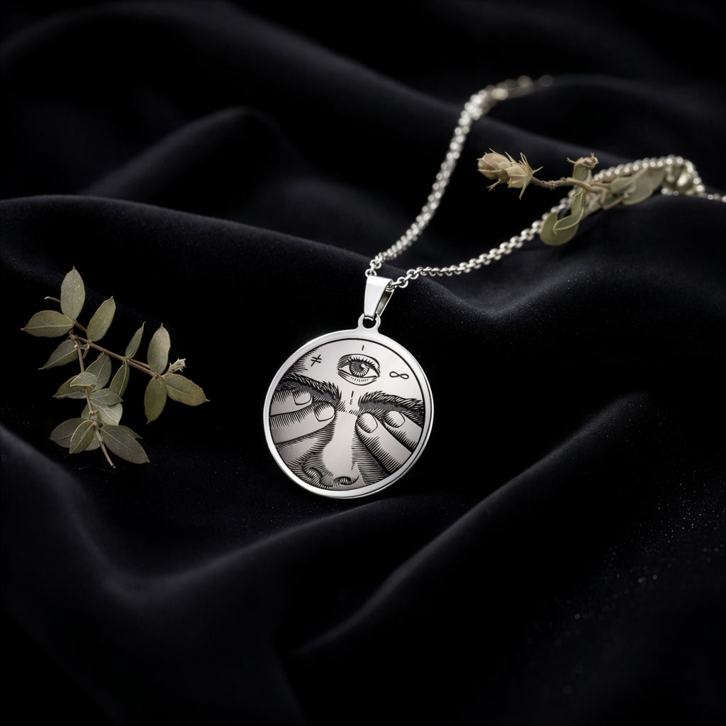Sterling silver Third Eye Pendant Necklace: round  engraved all-seeing eye with third e...