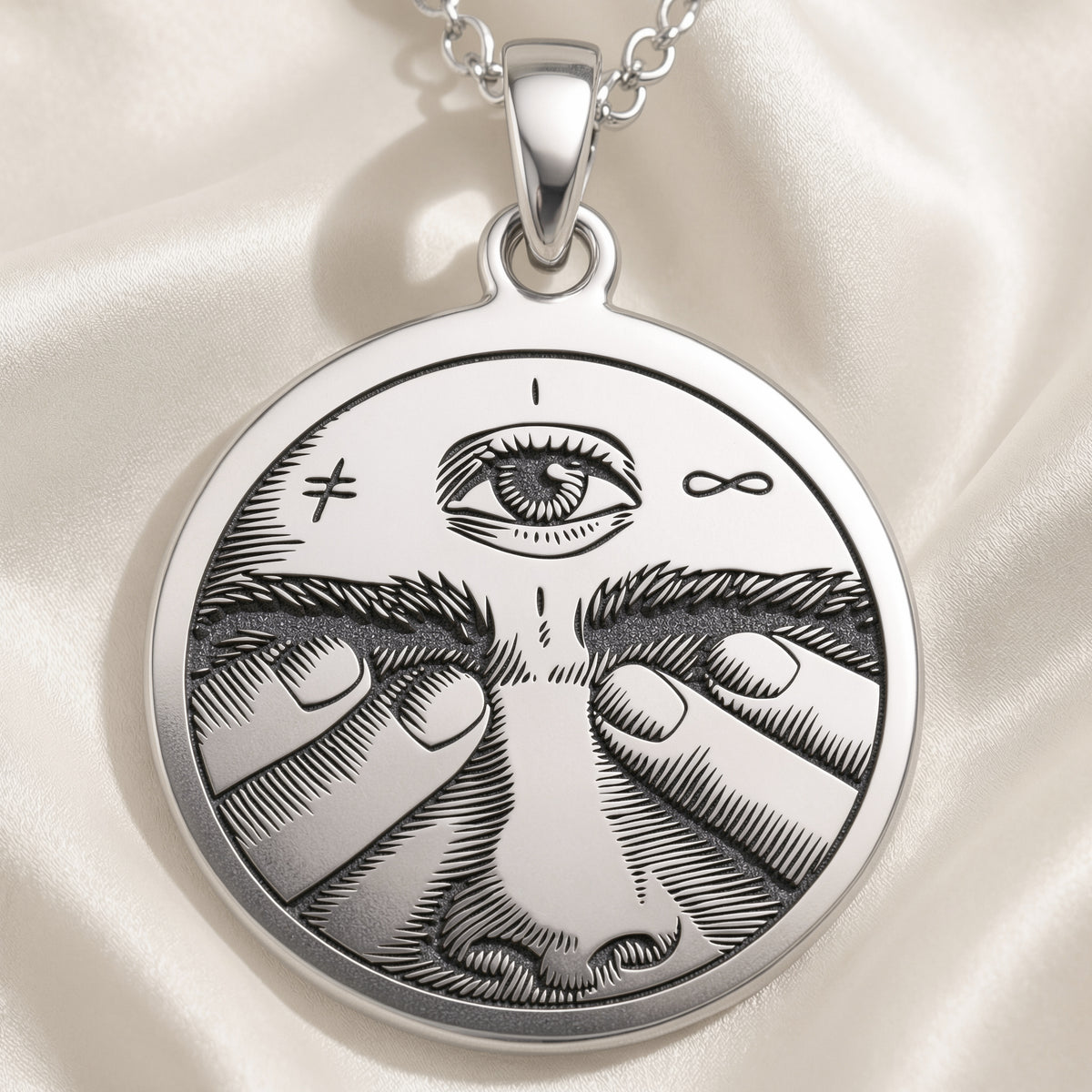 Sterling silver Third Eye Pendant Necklace: round  an engraved all-seeing eye with infi...
