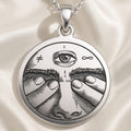 Sterling silver Third Eye Pendant Necklace: round  an engraved all-seeing eye with infi...