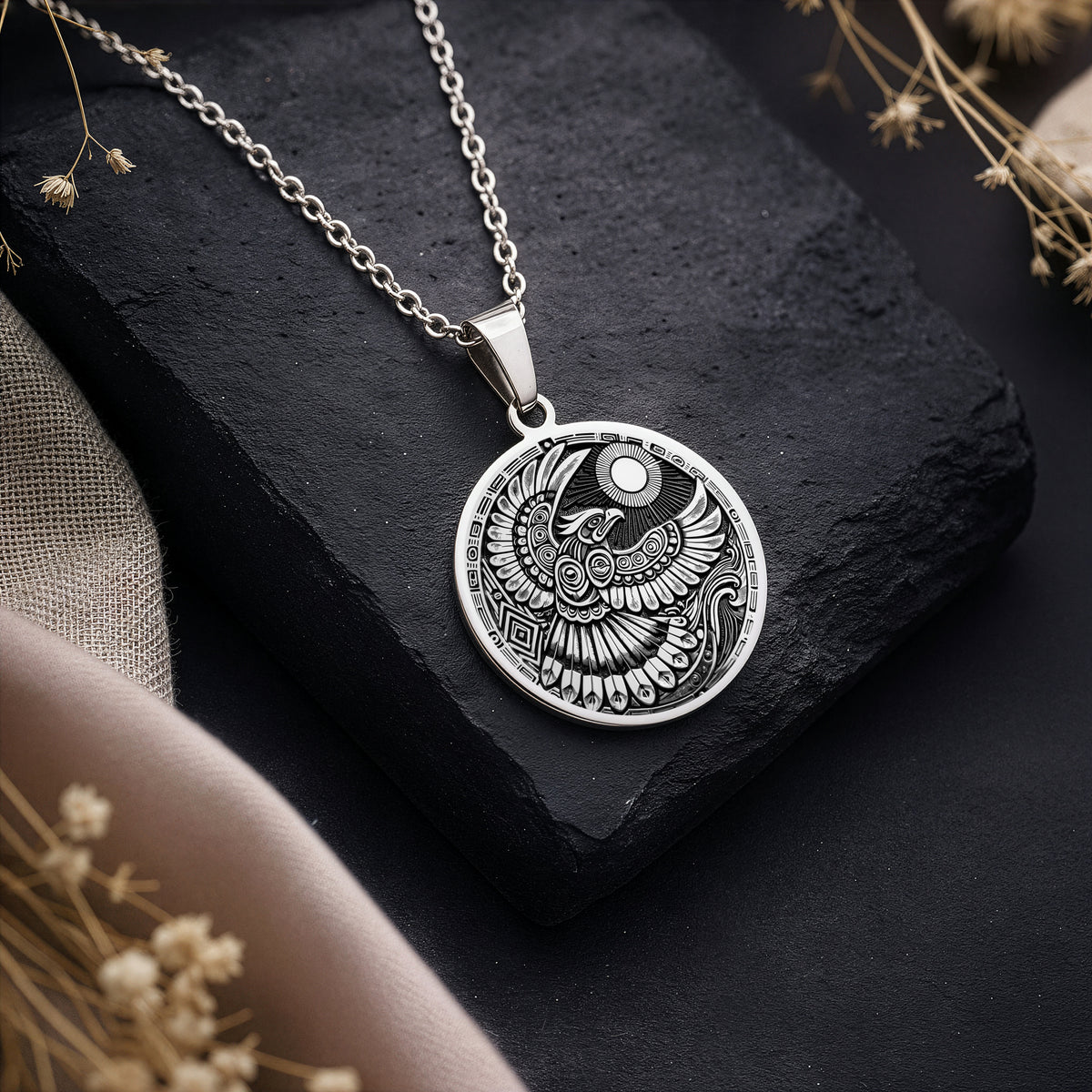 925 Sterling Silver Thunderbird Necklace featuring a detailed tribal design. Symbol of protection, spirituality, and strength. Handmade mystical pendant, ideal as a meaningful gift or spiritual jewelry piece for daily wear.