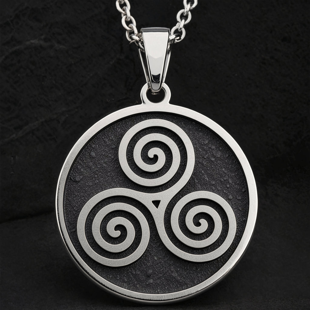 Sterling silver Triskele Spiral Celtic Necklace: round  Celtic Triskele symbol with thr...