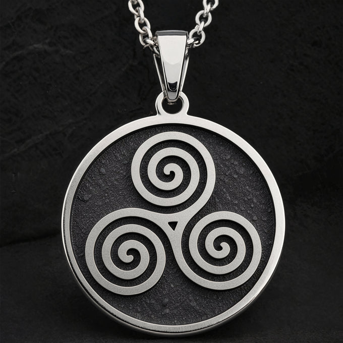 Sterling silver Triskele Spiral Celtic Necklace: round  Celtic Triskele symbol with thr...