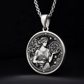 Sterling Silver Greek goddess Tyche pendant, engraved with celestial details. A timeless mythology coin necklace, perfect as a lucky charm or silver astrology medallion for history and spirituality lovers.