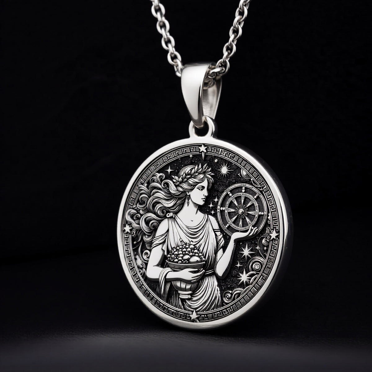 Sterling Silver Greek goddess Tyche pendant, engraved with celestial details. A timeless mythology coin necklace, perfect as a lucky charm or silver astrology medallion for history and spirituality lovers.