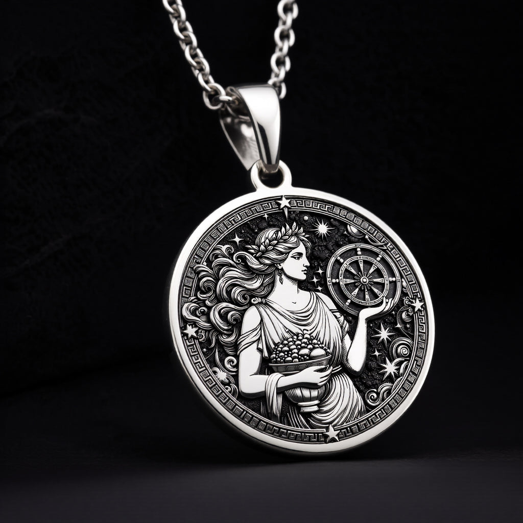 Sterling Silver Greek goddess Tyche pendant, engraved with celestial details. A timeless mythology coin necklace, perfect as a lucky charm or silver astrology medallion for history and spirituality lovers.