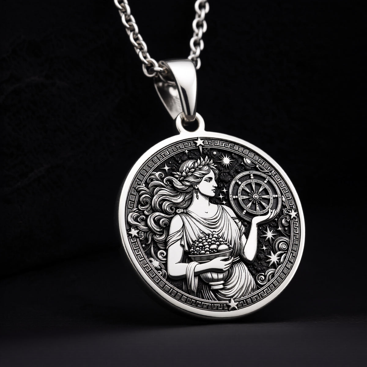 Sterling Silver Greek goddess Tyche pendant, engraved with celestial details. A timeless mythology coin necklace, perfect as a lucky charm or silver astrology medallion for history and spirituality lovers.