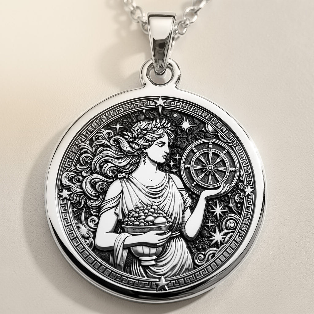 925 sterling silver Tyche Goddess of Fortune pendant, detailed view 1.