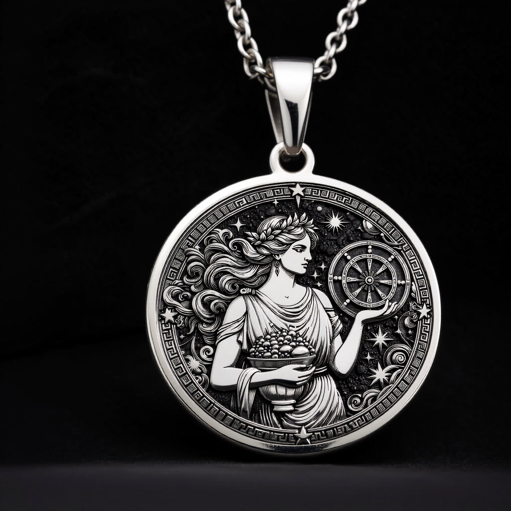 925 sterling silver Tyche Goddess of Fortune pendant, detailed view 7.