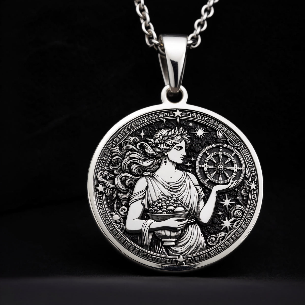 925 sterling silver Tyche Goddess of Fortune pendant, detailed view 7.