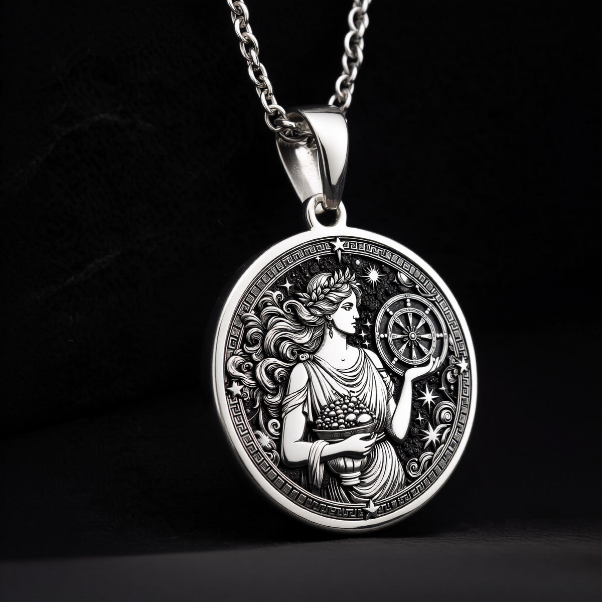 925 sterling silver Tyche Goddess of Fortune pendant, detailed view 8.
