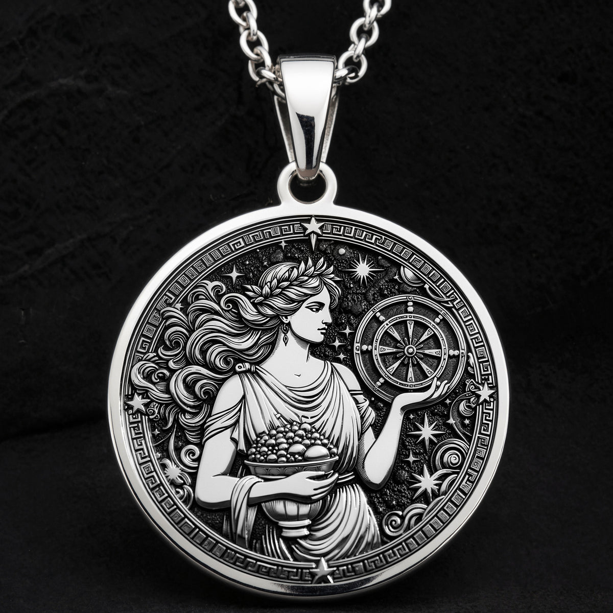 925 sterling silver Tyche Goddess of Fortune pendant, detailed view 9.