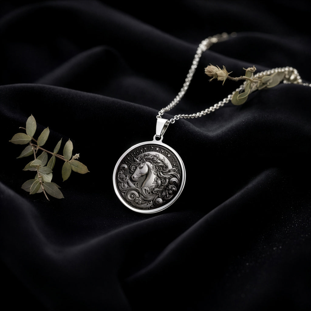 Sterling silver Unicorn Charm Necklace: round  unicorn head profile surrounded by swirl...