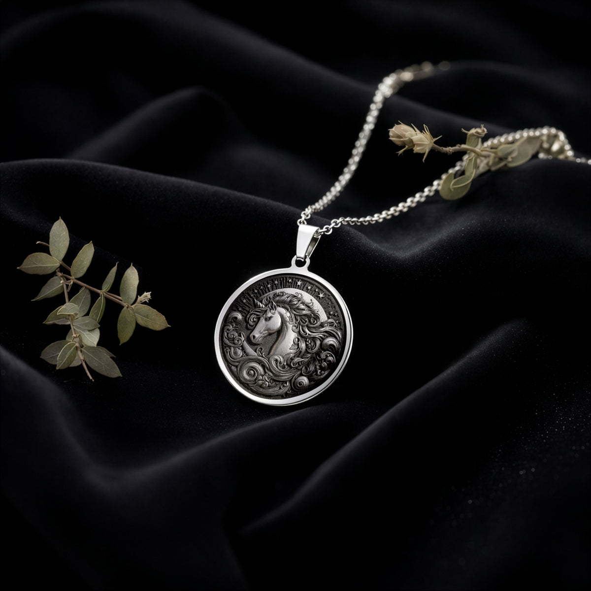 Sterling silver Unicorn Charm Necklace: round  unicorn head profile surrounded by swirl...