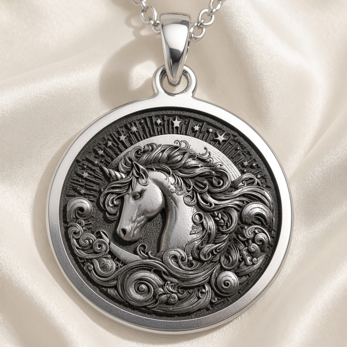 Sterling silver Unicorn Charm Necklace: round  mythical unicorn with engraved flowing m...