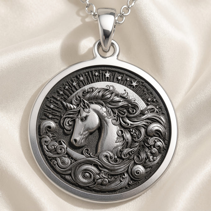 Sterling silver Unicorn Charm Necklace: round  mythical unicorn with engraved flowing m...