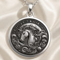 Sterling silver Unicorn Charm Necklace: round  mythical unicorn with engraved flowing m...