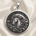 Sterling silver Unicorn Charm Necklace: round  mythical unicorn with engraved flowing m...