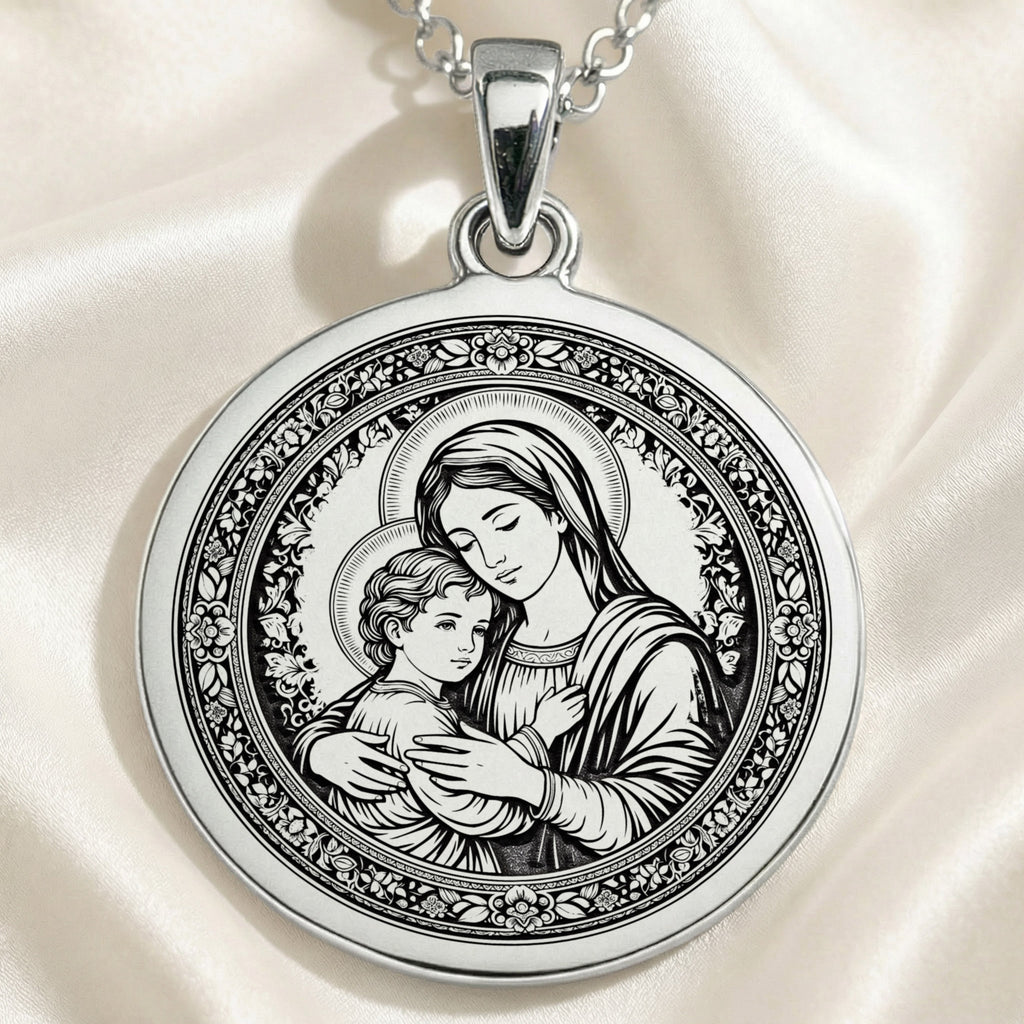 handcrafted necklace Virgin Mary Madonna and Child | & Options - Spiritual Protection Catholic cat