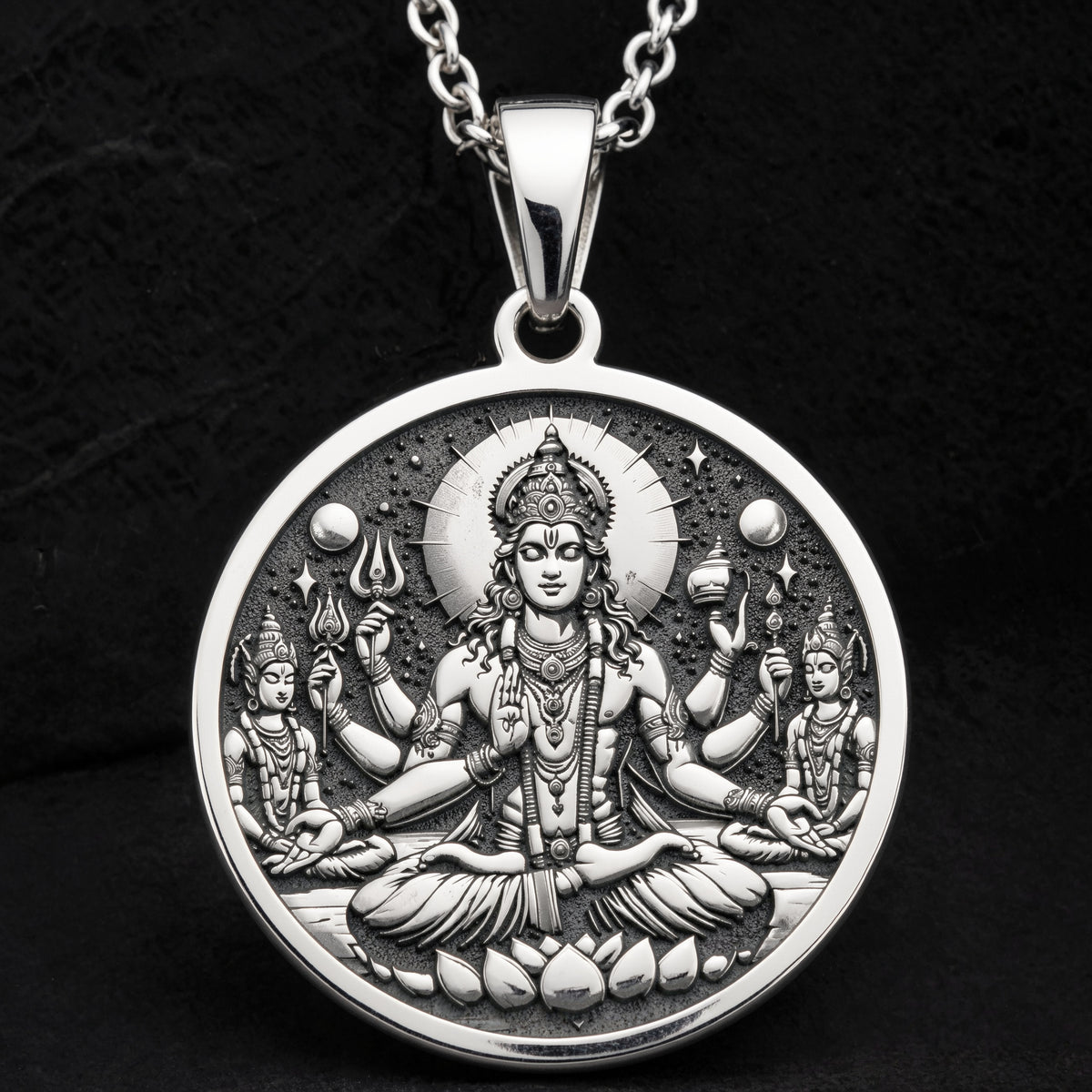 Sterling silver Vishnu Conch Disc Amulet Necklace: round  of Hindu deity Vishnu seated ...