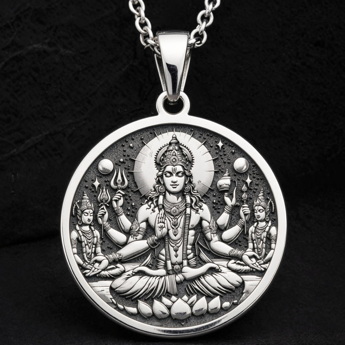 Sterling silver Vishnu Conch Disc Amulet Necklace: round  of Hindu deity Vishnu seated ...