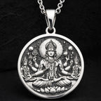 Sterling silver Vishnu Conch Disc Amulet Necklace: round  of Hindu deity Vishnu seated ...
