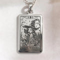 Sterling Silver Witch Tarot Rider Waite rectangular pendant featuring an engraved witch in a pointed hat holding a black cat with moon phases above.
