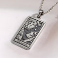 Silver plated Lovers Tarot Card Necklace. Occult arcana talisman jewelry for tarot enthusiasts and lovers.