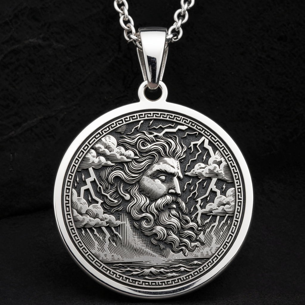 Sterling silver Zeus Thunder God Necklace: round  of Zeus Greek Olympian god with engra...