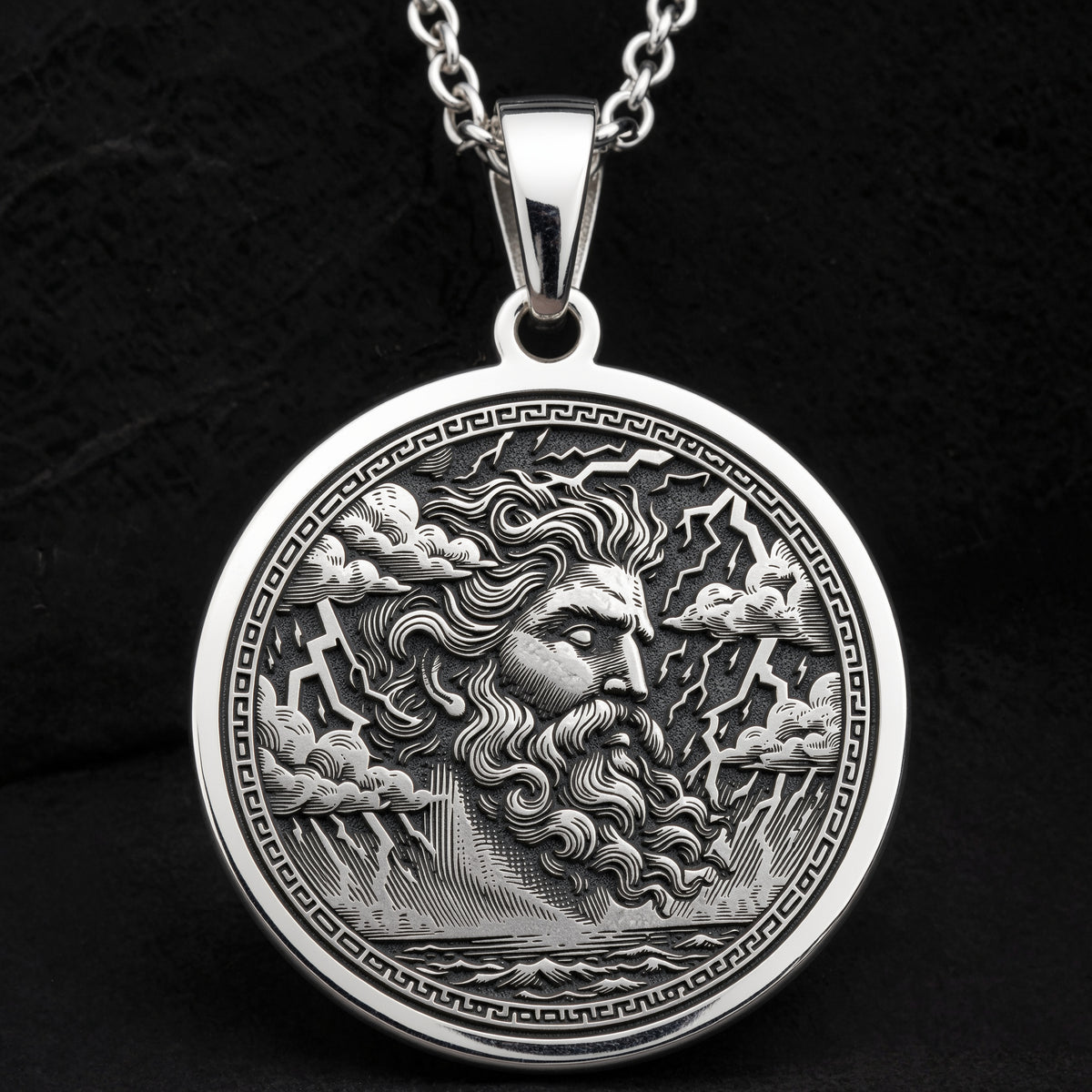 Sterling silver Zeus Thunder God Necklace: round  of Zeus Greek Olympian god with engra...