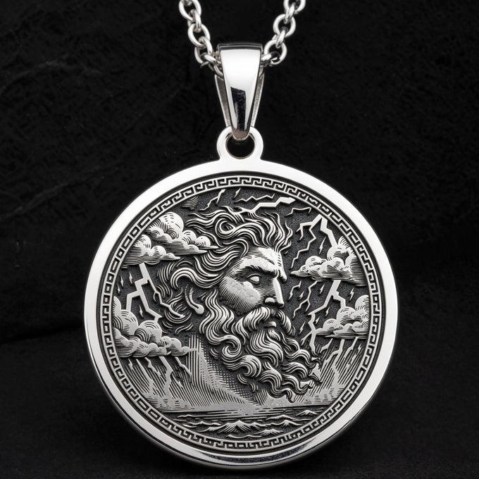 Sterling silver Zeus Thunder God Necklace: round  of Zeus Greek Olympian god with engra...