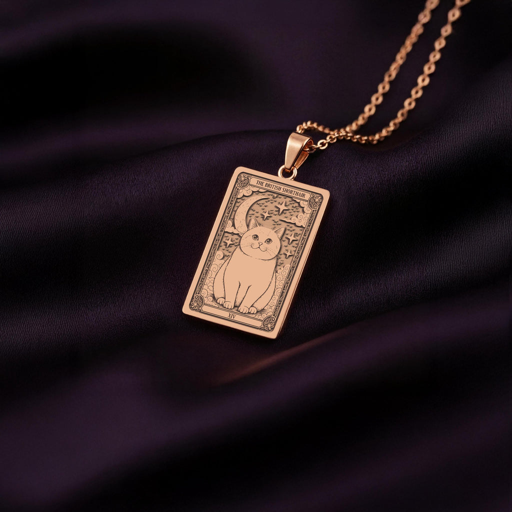 A custom rose gold plated Cat Lover tarot necklace. This piece is a perfect gift, honoring the calm and loving British Shorthair.