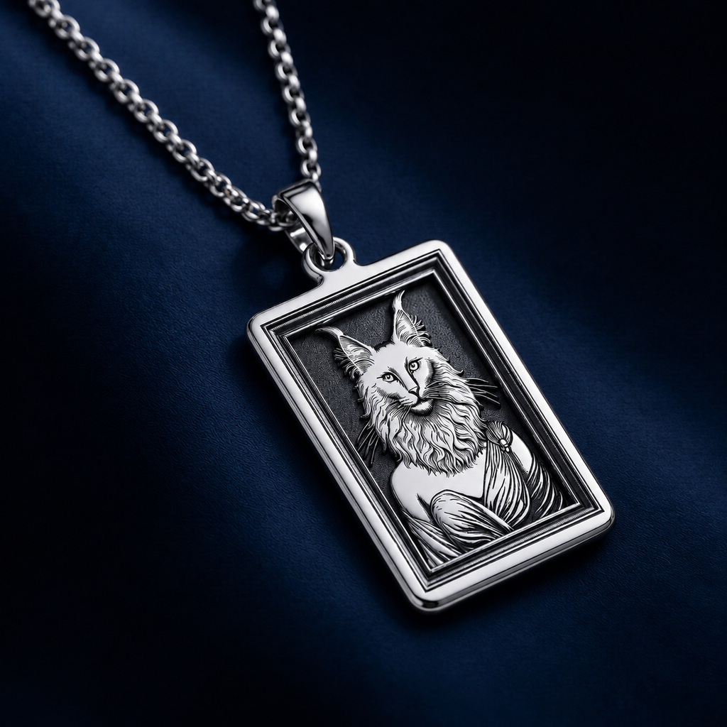 A striking 925 sterling silver tarot card pendant of a Turkish Angora cat woman. This piece of whimsical cottagecore jewelry is a beautiful tribute to the beloved long-haired breed.
