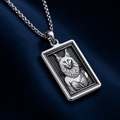 A striking 925 sterling silver tarot card pendant of a Turkish Angora cat woman. This piece of whimsical cottagecore jewelry is a beautiful tribute to the beloved long-haired breed.