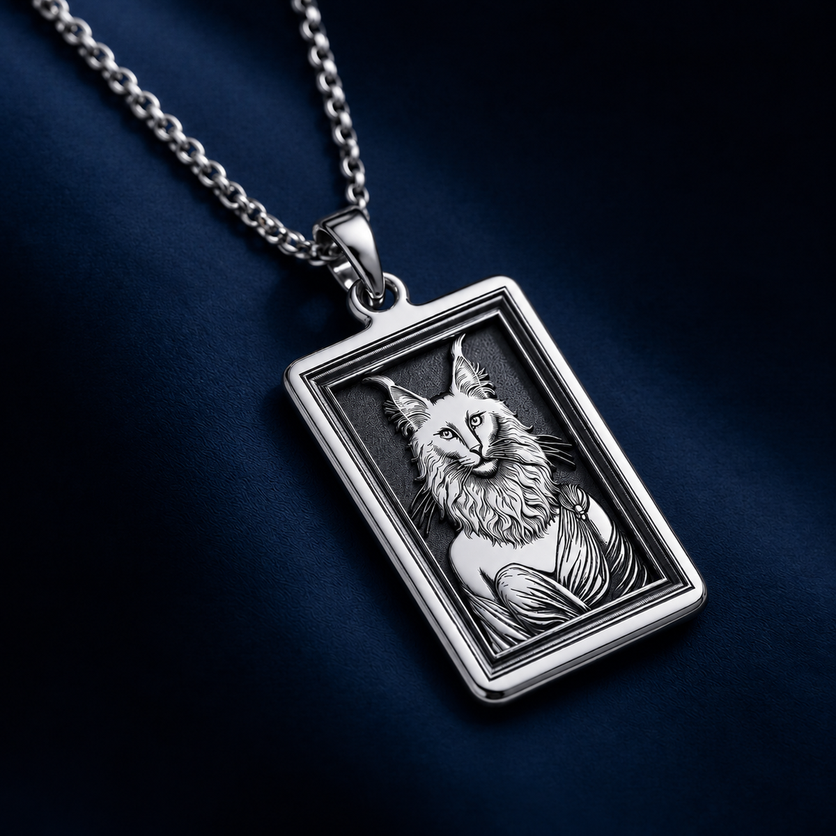 A striking 925 sterling silver tarot card pendant of a Turkish Angora cat woman. This piece of whimsical cottagecore jewelry is a beautiful tribute to the beloved long-haired breed.