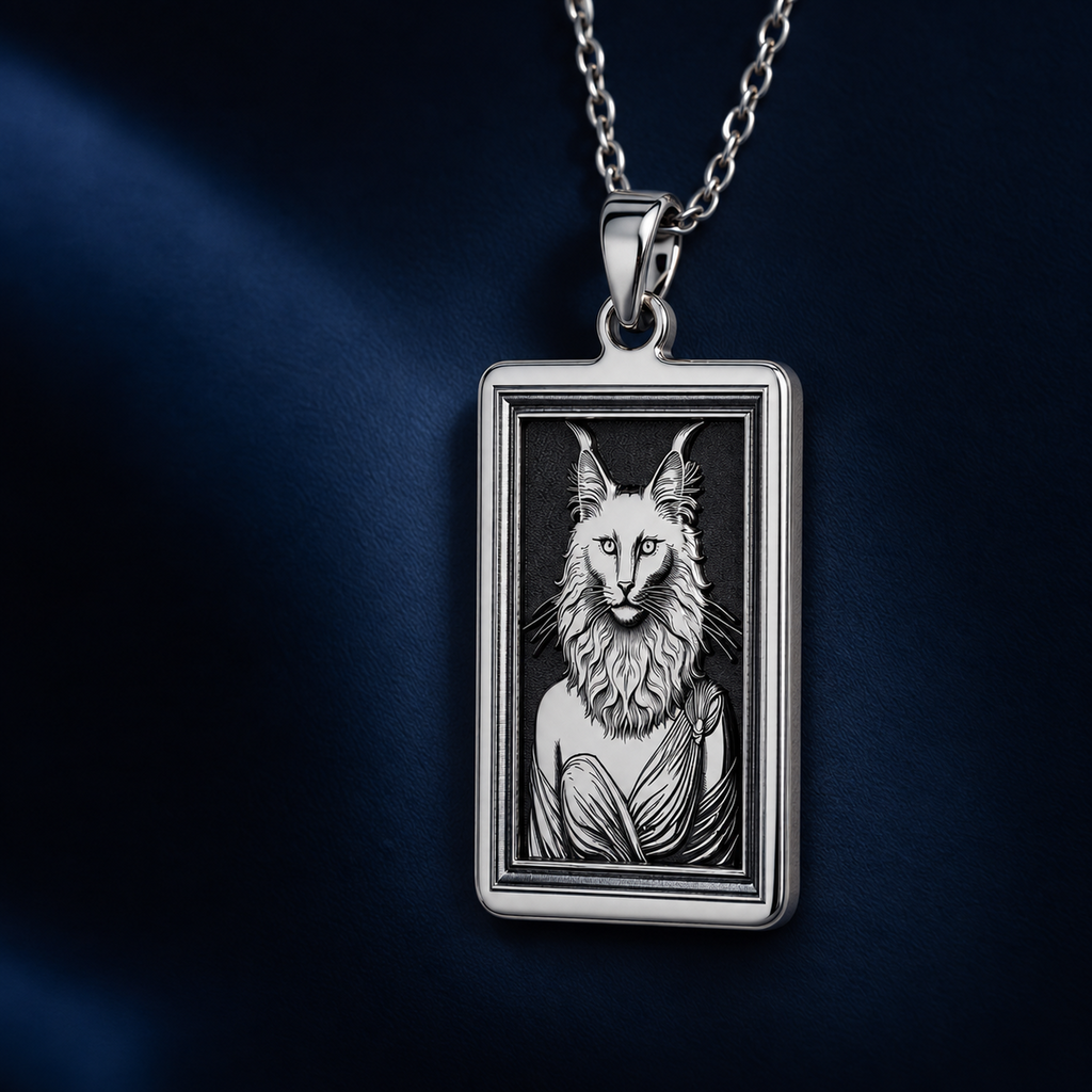 925 sterling silver Turkish Angora cat woman tarot pendant, shown front-facing against a deep navy background.