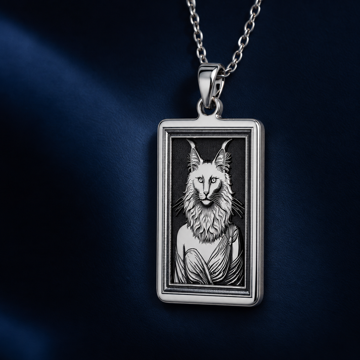 925 sterling silver Turkish Angora cat woman tarot pendant, shown front-facing against a deep navy background.
