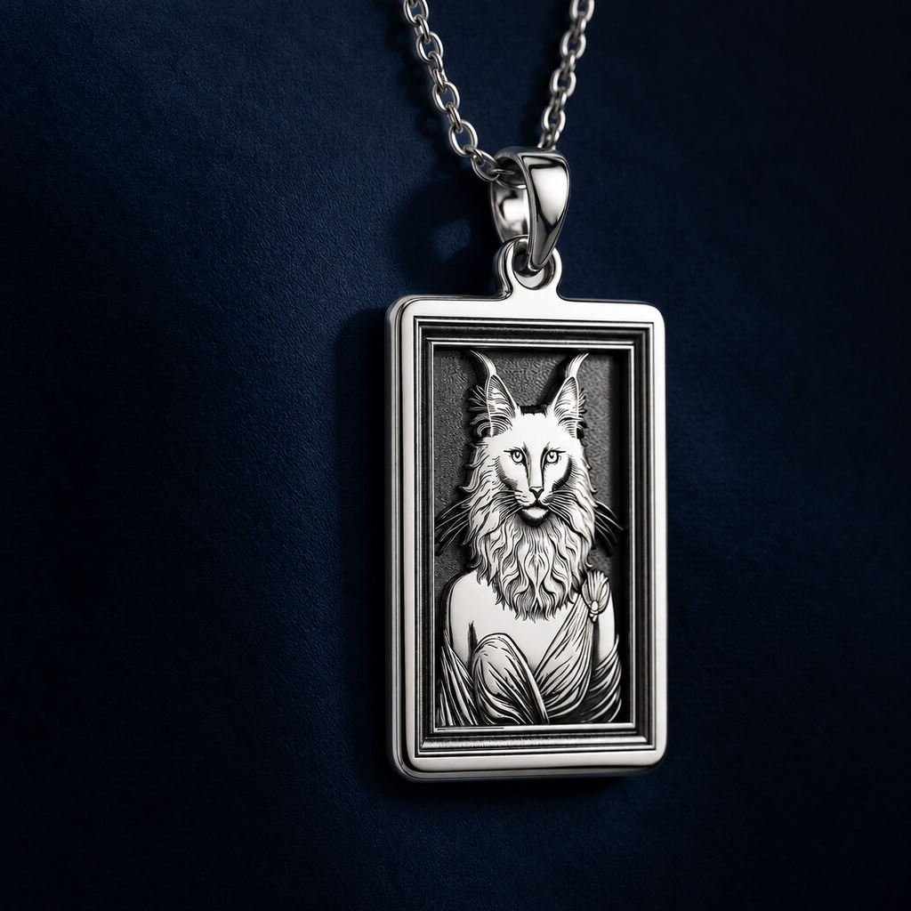 Close-up portrait of the Turkish Angora cat woman engraved on a 925 sterling silver pendant against a navy background.