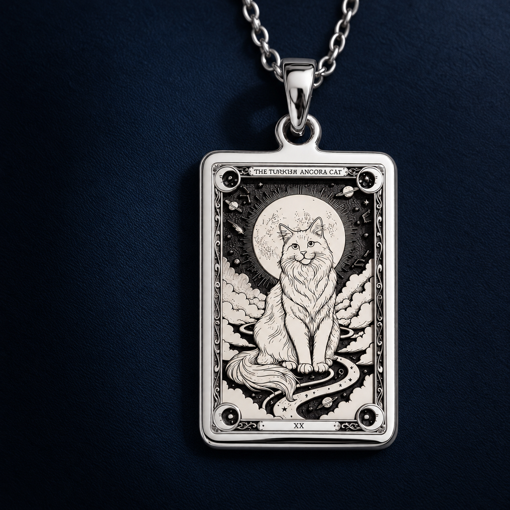 Sterling silver Turkish Angora tarot pendant centered against a navy background with the chain visible.