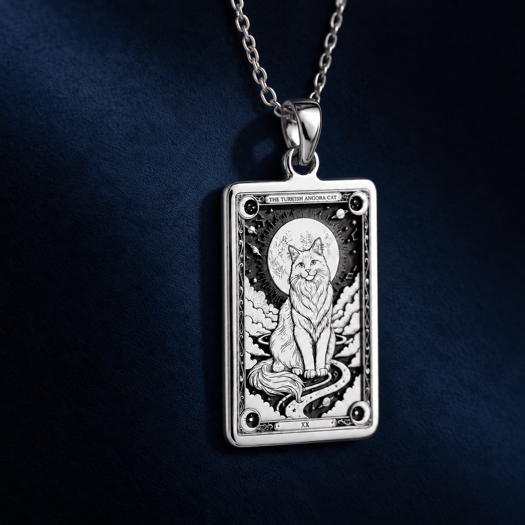 Close-up of the sterling silver Turkish Angora tarot pendant and chain on a dark navy background.